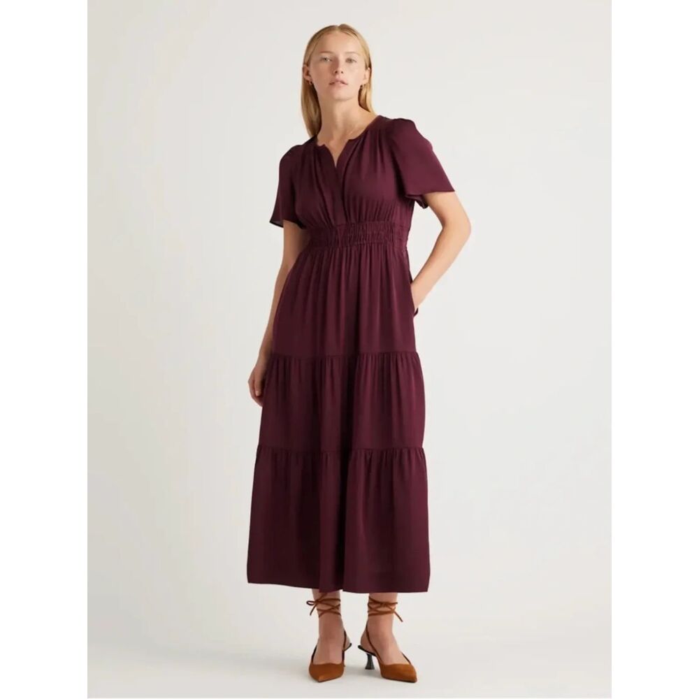 Quince Washable Silk Plum Wine Tasting Red Tiered Maxi Dress Smocked Waist XS